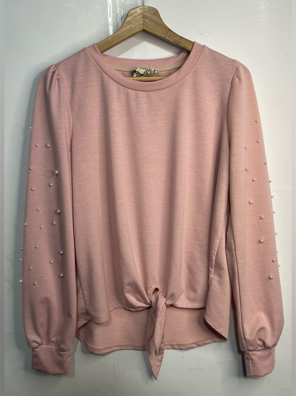 Skonhet Pink Long Sleeve Vegan Pearl Beaded Shirt Large